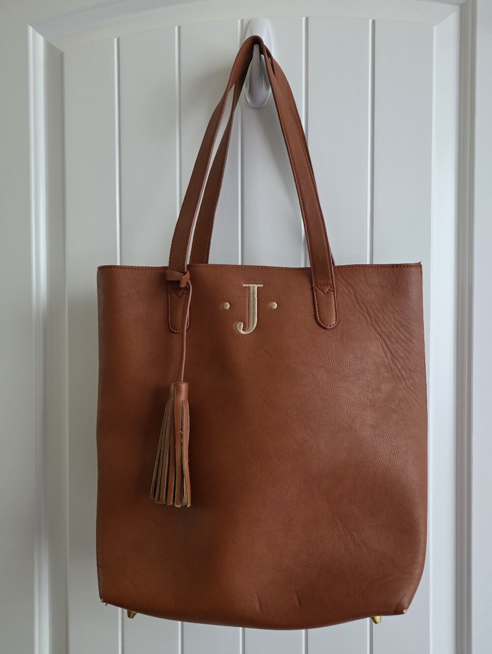 Monogrammed Brown Faux Leather Tote Bag with Tassel - "J"